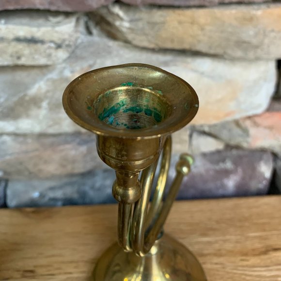 VTG 2 Brass French Horn Christmas Candle Holders Holiday Boho Decor India - Picture 9 of 9